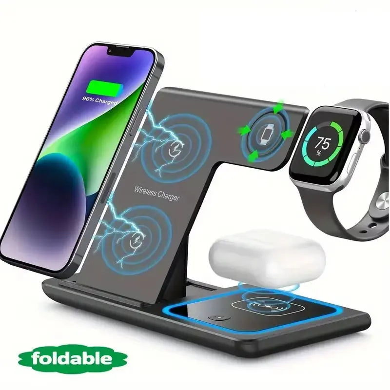 3 in 1 Wireless Charger Stand Pad Foldable Fast Charging Station Dock for Iphone 17 16 15 14 13 12 11 X 8 Apple Watch Airpods