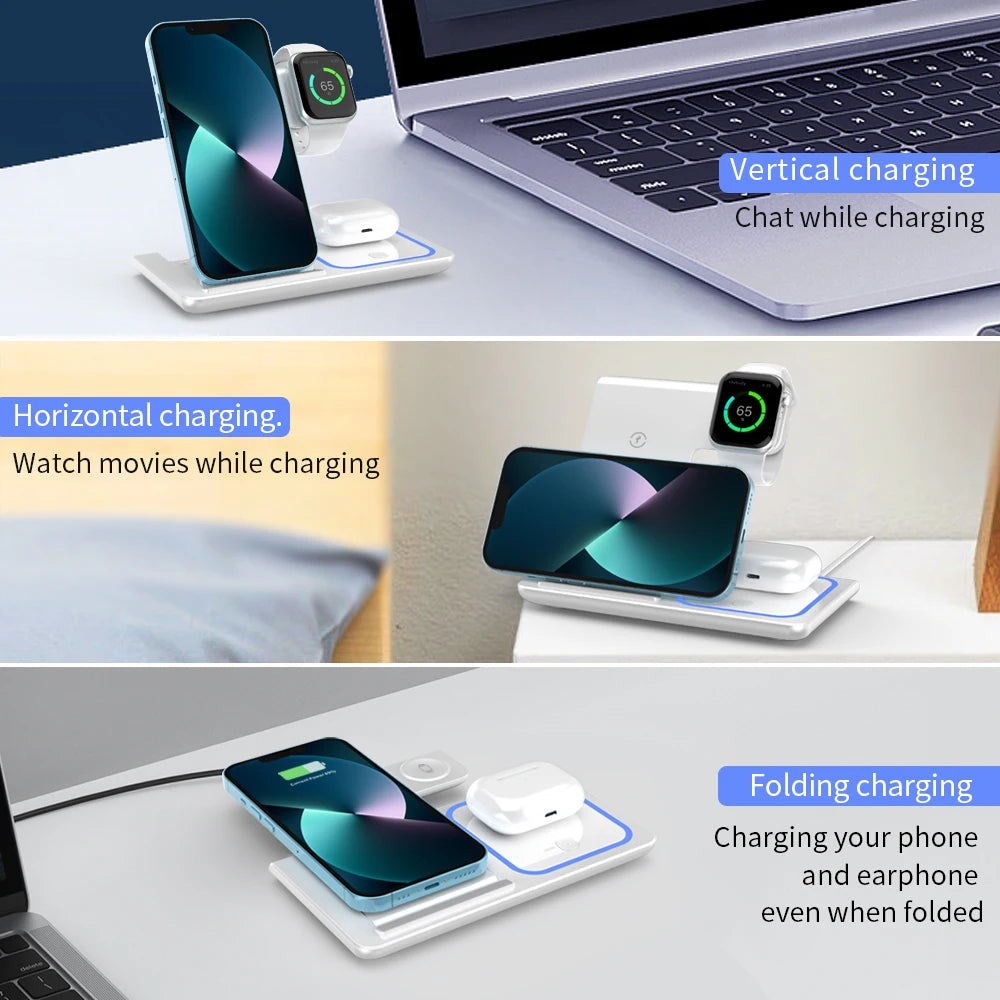 3 in 1 Wireless Charger Stand Pad Foldable Fast Charging Station Dock for Iphone 17 16 15 14 13 12 11 X 8 Apple Watch Airpods