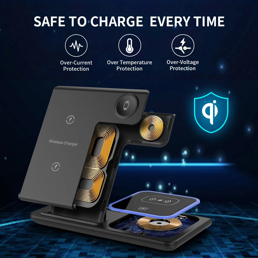 3 in 1 Wireless Charger Stand Pad Foldable Fast Charging Station Dock for Iphone 17 16 15 14 13 12 11 X 8 Apple Watch Airpods