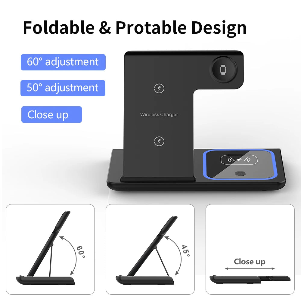 3 in 1 Wireless Charger Stand Pad Foldable Fast Charging Station Dock for Iphone 17 16 15 14 13 12 11 X 8 Apple Watch Airpods