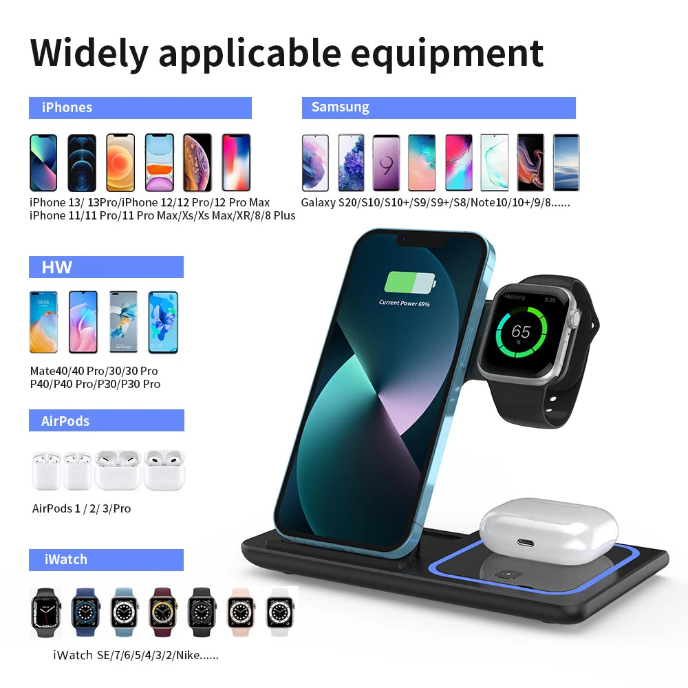 3 in 1 Wireless Charger Stand Pad Foldable Fast Charging Station Dock for Iphone 17 16 15 14 13 12 11 X 8 Apple Watch Airpods