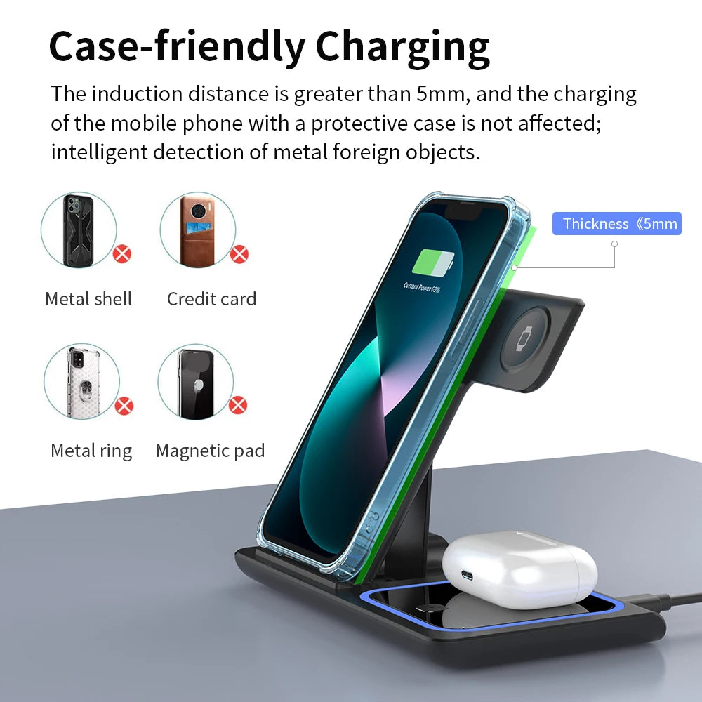 3 in 1 Wireless Charger Stand Pad Foldable Fast Charging Station Dock for Iphone 17 16 15 14 13 12 11 X 8 Apple Watch Airpods